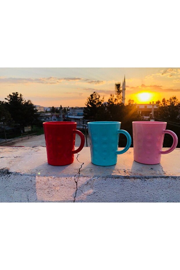 Renkli Plastik Kulplu Bardak Su, İçecek Meşrubat Bardağı Kupa Bardak 3 Adet - 6