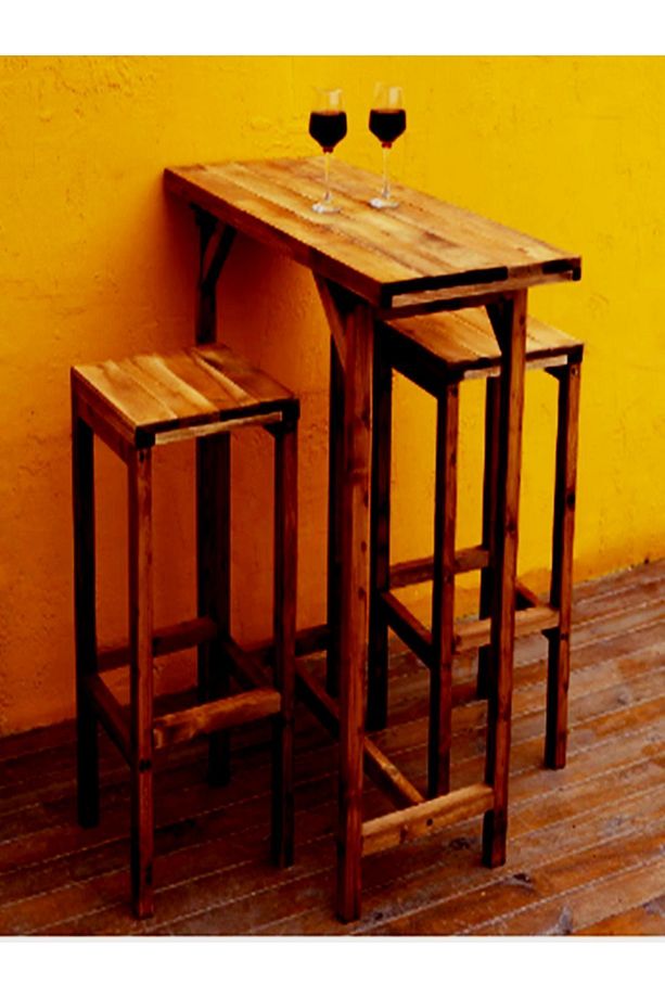 Ahşap Bar Masası Takım Masa 2 Adet Tabure, 90x45x100 Cm - 3