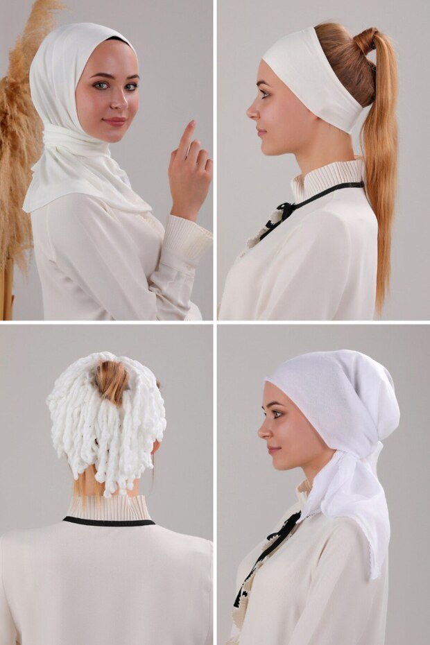 Women's Modest Scarf Bonnet Inner Headscarf Bun Hair Clip Set White