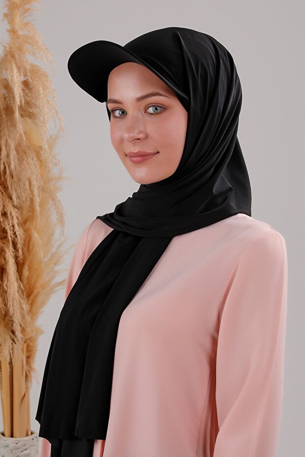 Women's Hijab with Hat, Practical Bonnet, Ready-To-Wear Shawl, Black