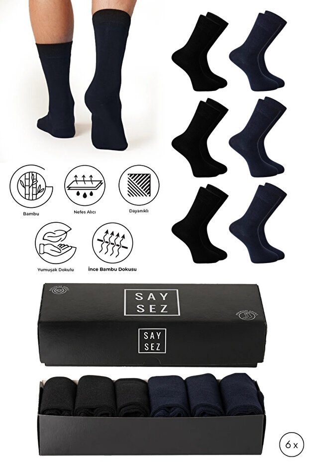 Bamboo Men's Summer Socks Classic Long Plain Black-Navy Socks Seamless Premium Boxed Gift Set of 6