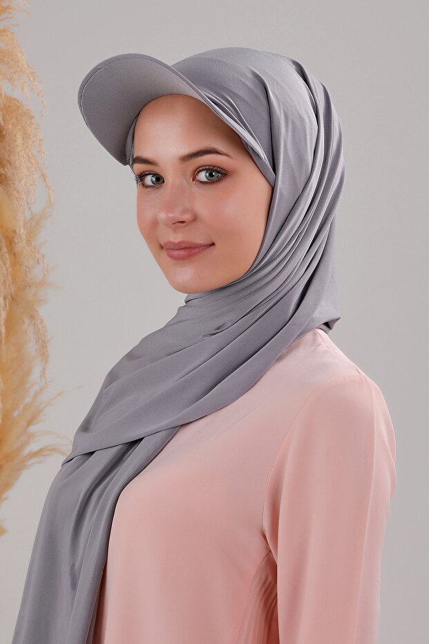 Women's Hijab with Hat, Practical Bonnet, Ready-To-Wear Shawl, Light Gray