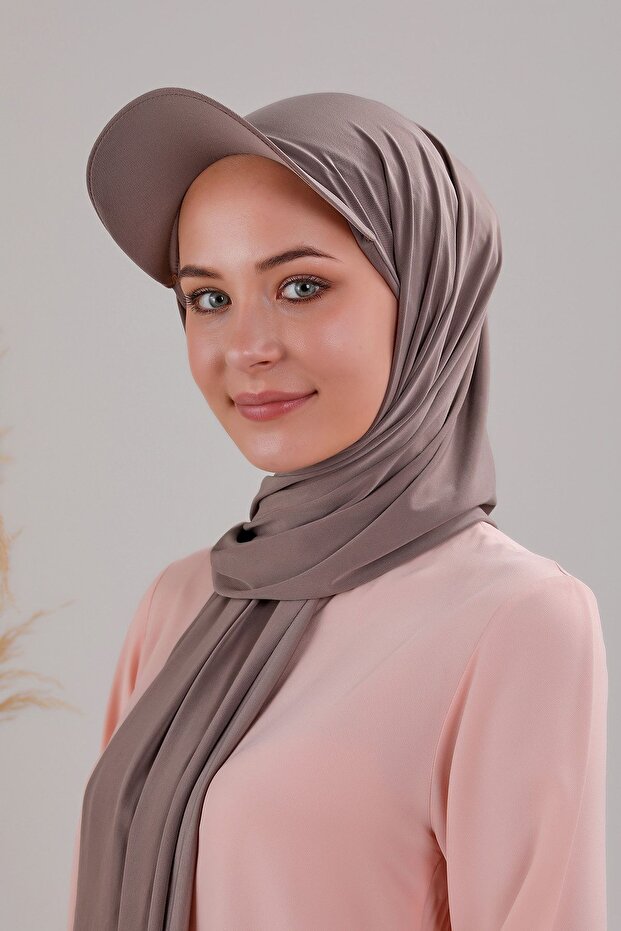 Women's Hijab with Hat, Practical Bonnet, Ready-To-Wear Shawl, Mink