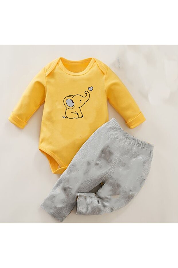 2-Piece Baby Bodysuit Set - Yellow and Gray Elephant, 100% Cotton
