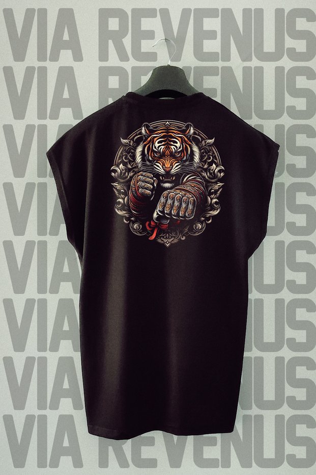 Tiger Muay Thai Back Printed Zero Sleeve Black Sports T-Shirt