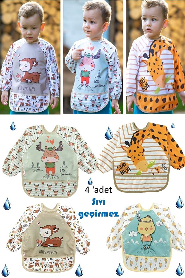 4 Pieces Liquid Proof Giraffe Deer Gazelle Chick Pattern Baby Food Bib for 0-3 Years