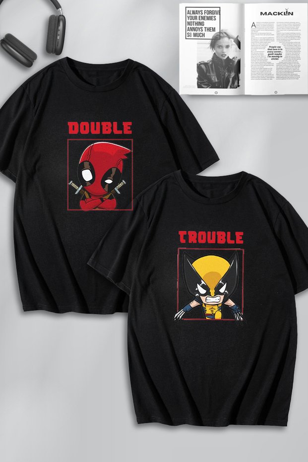 Unisex Men's and Women's Deadpool and Wolverine Printed Lover Couple Combination Design Oversize T-Shirt 2-Pack