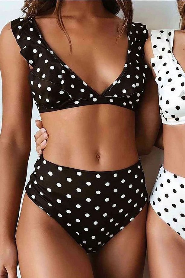 Önü Arkası Fırfırlı Üçgen Kesim Puanlı Desteksiz Kaplı Üst Yüksek Bel Brazilian Alt Bikini Takımı - 4
