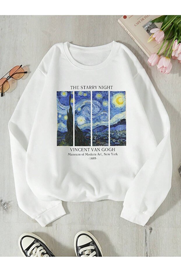 سويت شيرت برقبة دائرية كبير الحجم مطبوع عليه Starry Night للجنسين