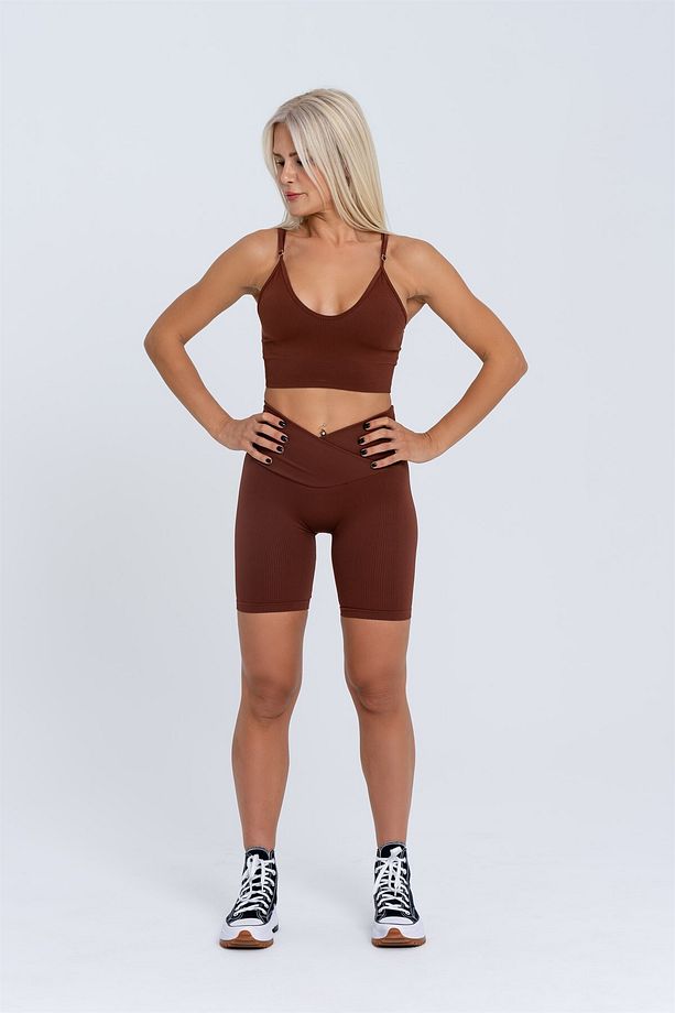Kadın Spor Şort | Kahverengi | Dikişsiz Spor Şort | Fitilli | Anvelop Model | - 7
