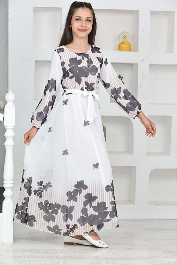 Floral Patterned Young Girl Chiffon Hijab Dress