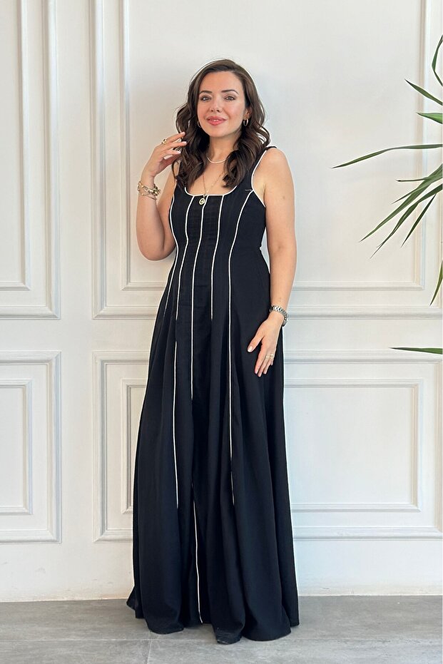 Sleeveless Line Detailed Linen Long Dress
