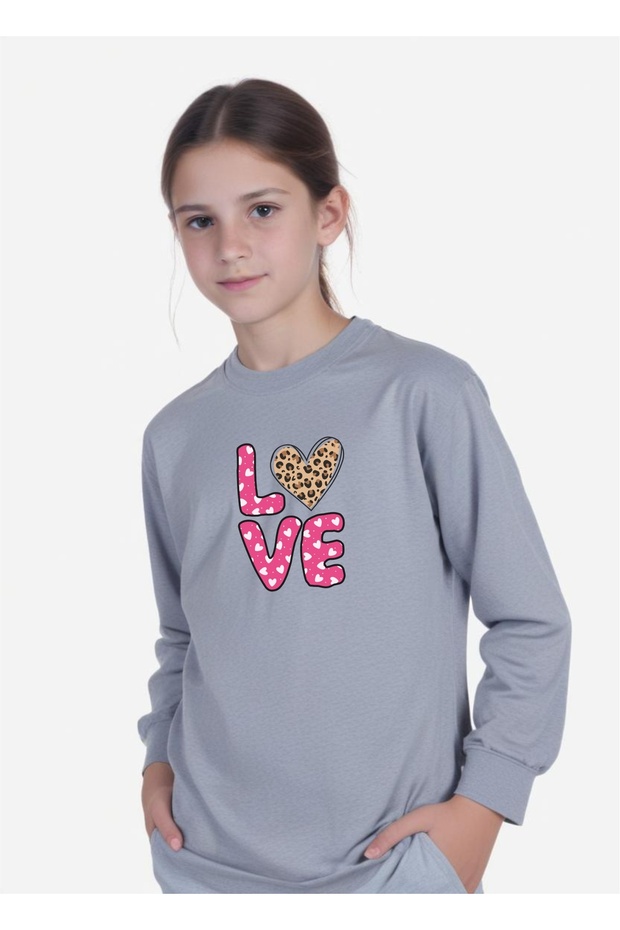 Love Printed Girl's Round Neck Gray Sweatshirt