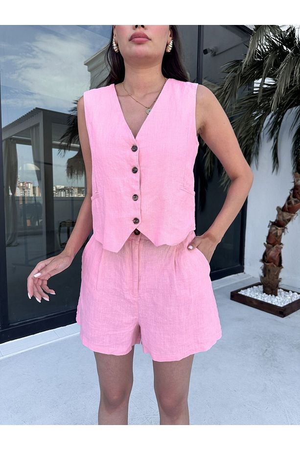 Pembe %100 Keten Şort - 1