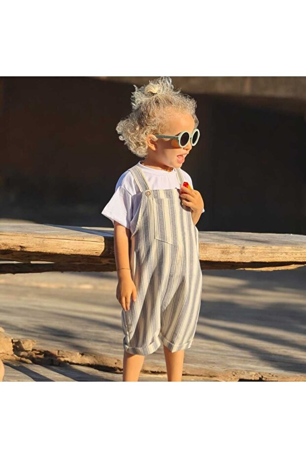 Boy's Striped Linen Salopet Shorts Overalls