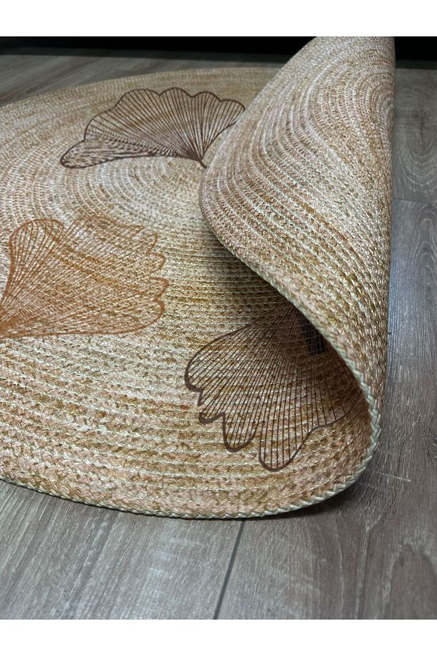 Floral Desenli Örgü Yuvarlak Natural Çift Taraflı Halı Boho 907 - 6