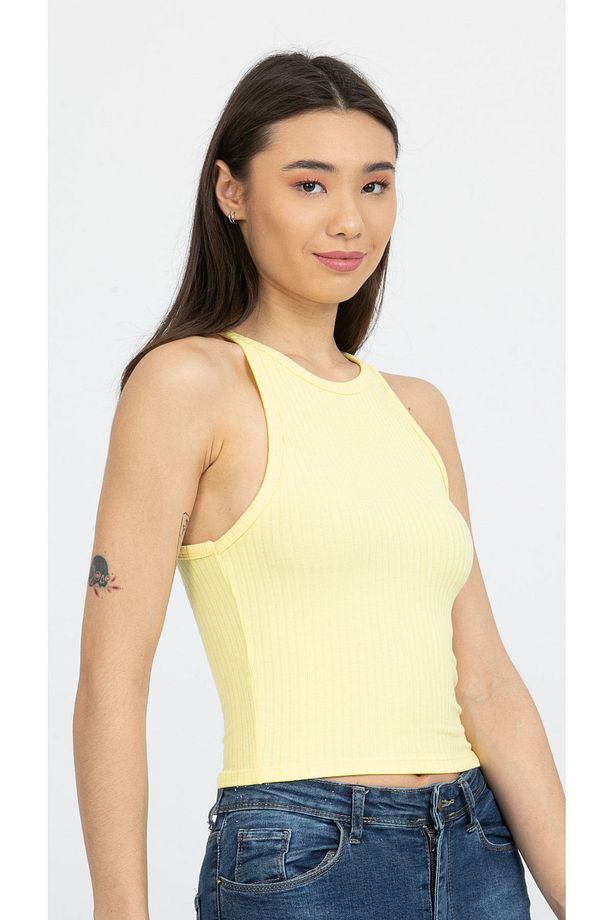 Sarı Fitilli Halter Yaka Örme Crop Atlet - 3