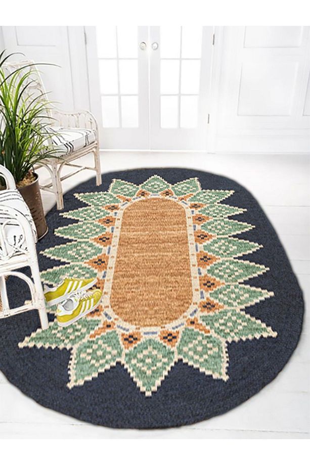 Boho 978 Jüt Hasır Etnik Desenli Oval Jüt Örme Doğal Hasır Natural Oval Halı - 4