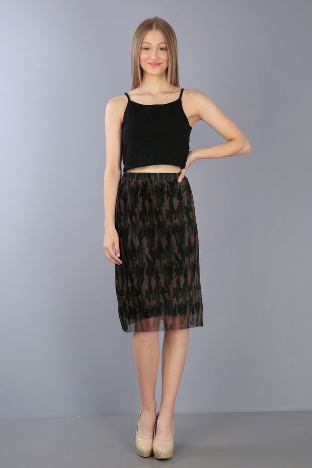 Camouflage Pleated Tulle Skirt with Elastic Waist