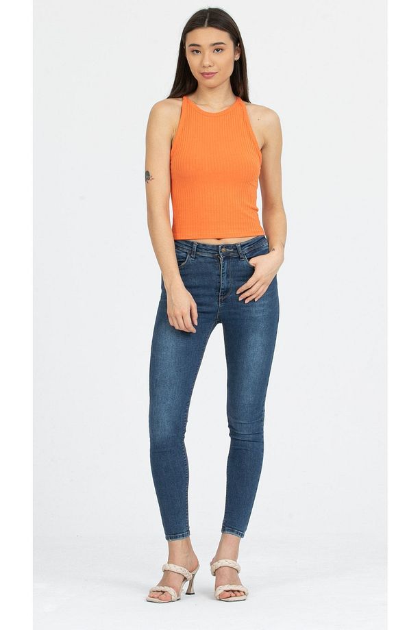 Turuncu Fitilli Halter Yaka Örme Crop Atlet - 1