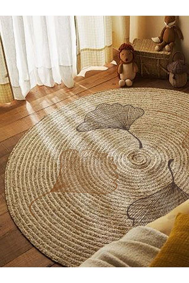 Floral Desenli Örgü Yuvarlak Natural Çift Taraflı Halı Boho 907 - 3
