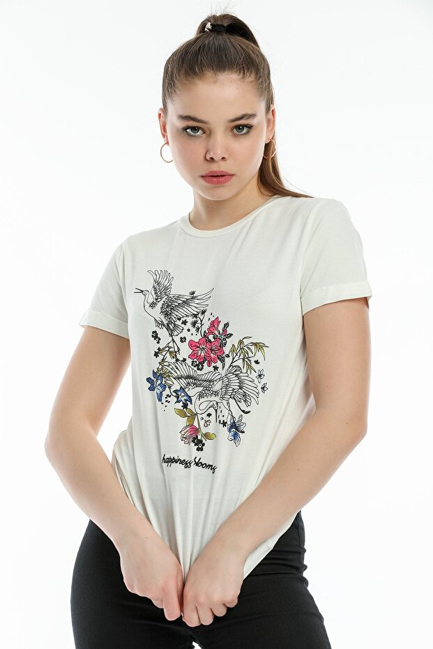 Pack of 2 Ecru Front Printed Embroidery Detailed Viscous T-Shirt