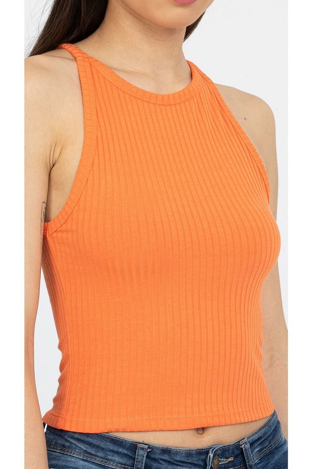 Turuncu Fitilli Halter Yaka Örme Crop Atlet - 2