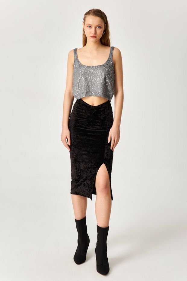 Black Velvet Slit Pencil Skirt