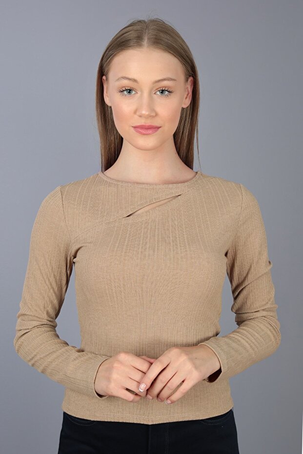 Beige Long Sleeve Crew Neck Blouse with Window Detail