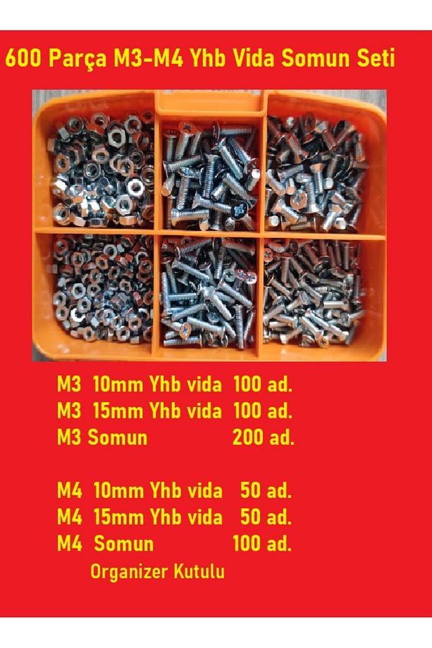 M3-M4 Yhb Vida Somun Seti-600 Adet   boy 10-15  Mm Organizer Kutulu - 1
