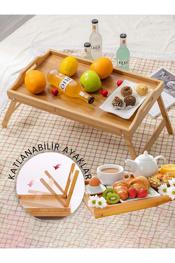 Bambu Ayaklı Tepsi, Keyif Tepsisi, Katlanır Ayaklı Tepsi, Portatif Tepsi (31 x 50 cm) - 1