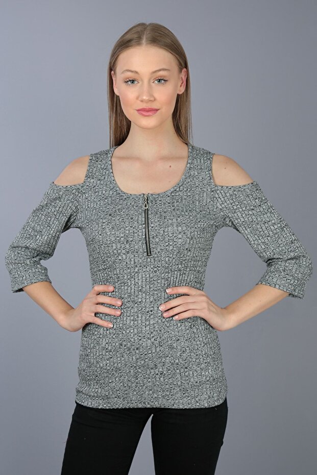 Off Shoulder Collar Zippered Knitted Blouse