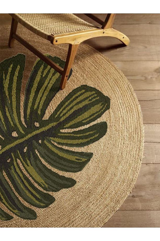Boho 912 Yaprak Minimalist Tema Etnik Örgü Yuvarlak Natural Renk Çift Taraflı Halı - 4