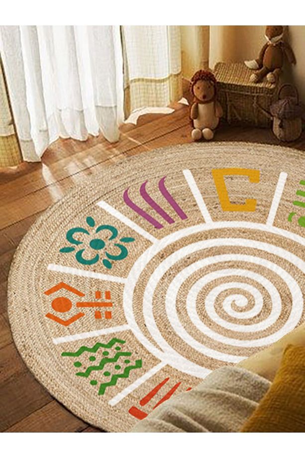 Boho 954 Multy Soyut Desenli Jüt Rengi Örgü Yuvarlak Natural Çift Taraflı Halı - 3