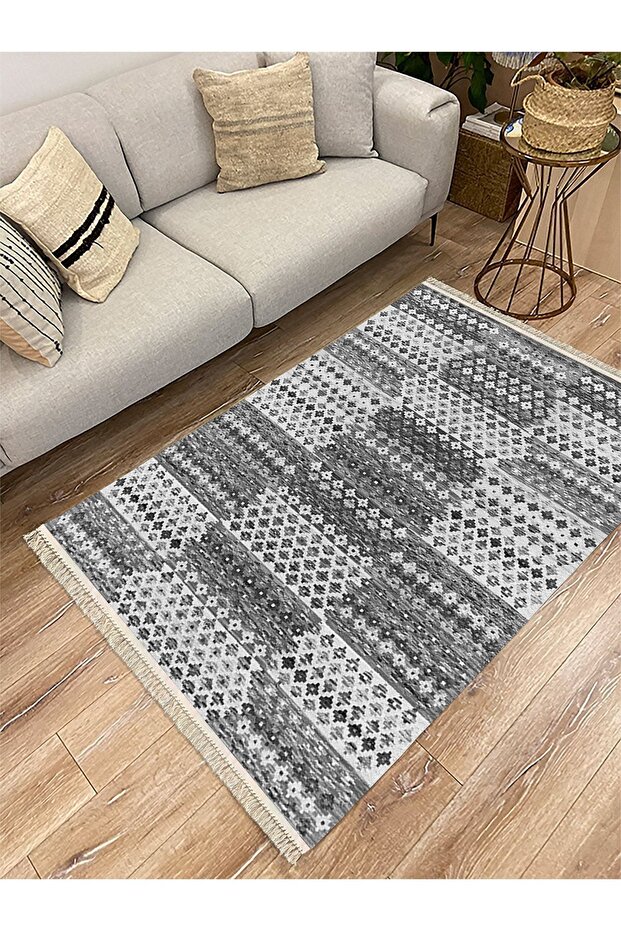 Cotton Series Gray Tones Geometric Antique Pattern Decorative Woven Base Rug