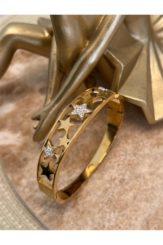 Star Detailed Gold Color Steel Handcuff Bracelet