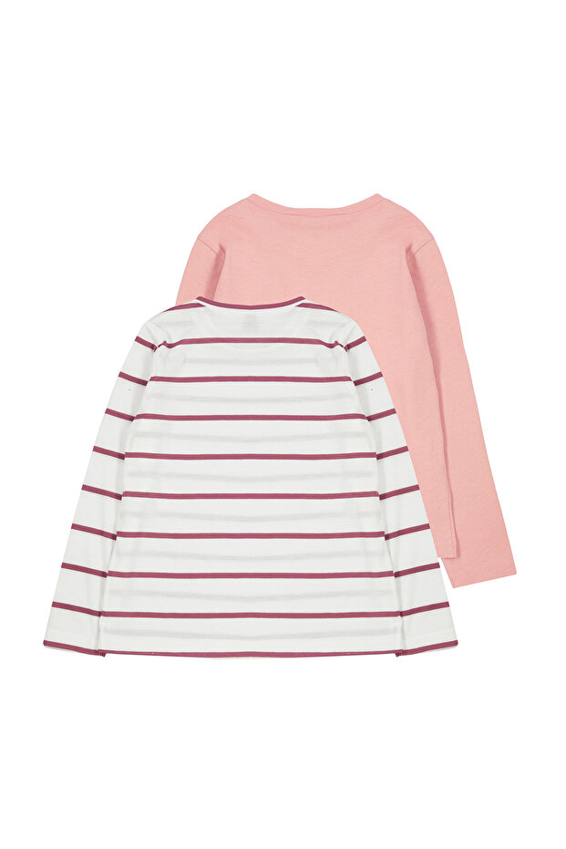 Pembe Çizgili-Pembe 2'li Pamuklu Regular Düz/Basic Uzun Kol Kız Çocuk Örme T-Shirt TKDAW25TS00000 - 4