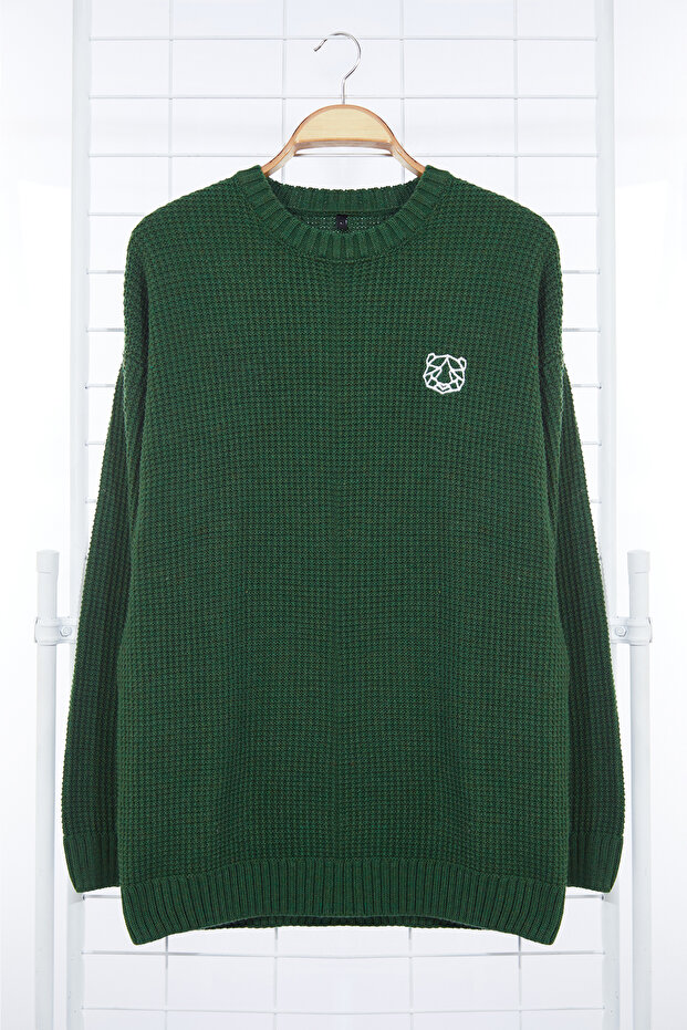Haki Oversize Bisiklet Yaka Dokulu Triko Kazak TMNAW24KZ00032 - 6