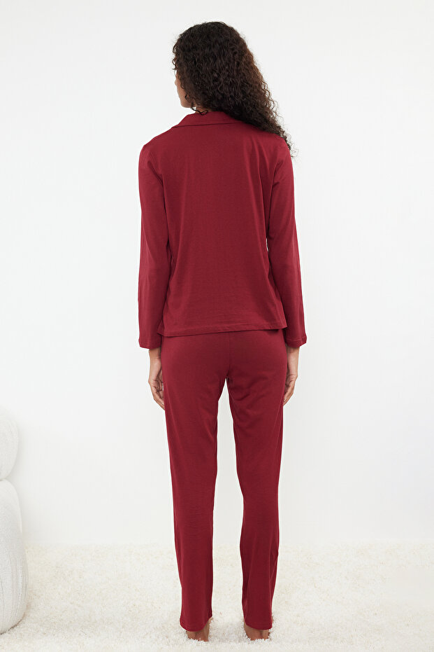Bordo %100 Pamuklu Penguen Baskılı Örme Pijama Takımı THMAW23PT00151 - 5