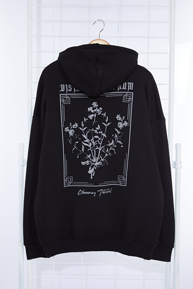 Siyah Oversize/Geniş Kesim Kapüşonlu Çiçek Baskılı İçi Polar/Sıcak Tutan Sweatshirt TMNAW24SW00100 - 6