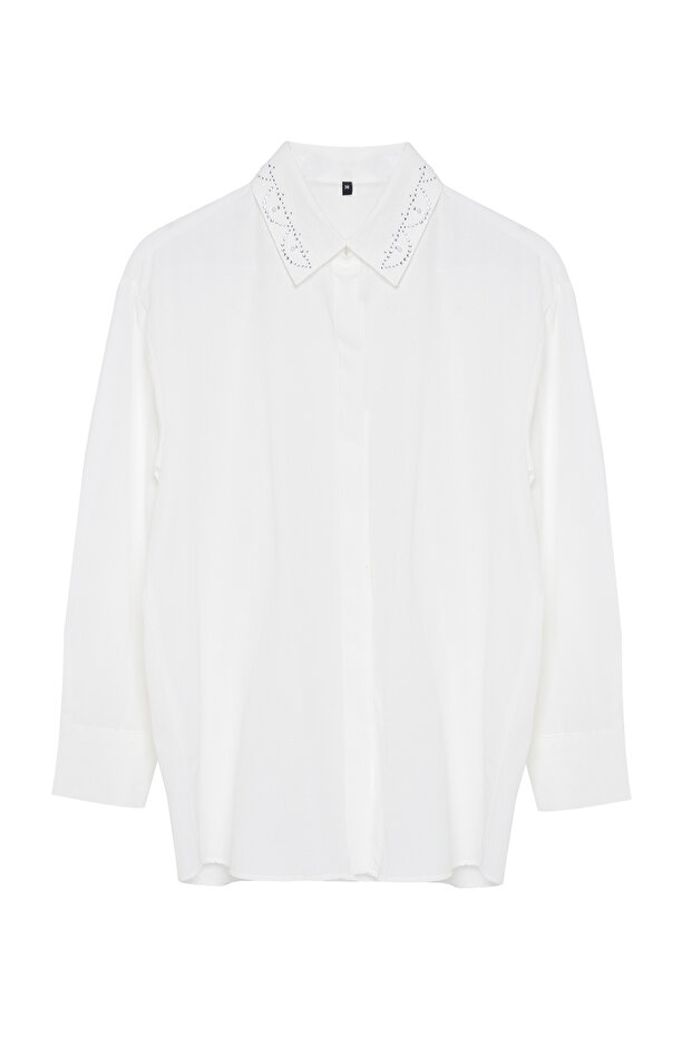Ekru Yakada Şerit Taş Detaylı Oversize / Geniş Kalıp Dokuma Gömlek TWOAW25GO00026 - 6