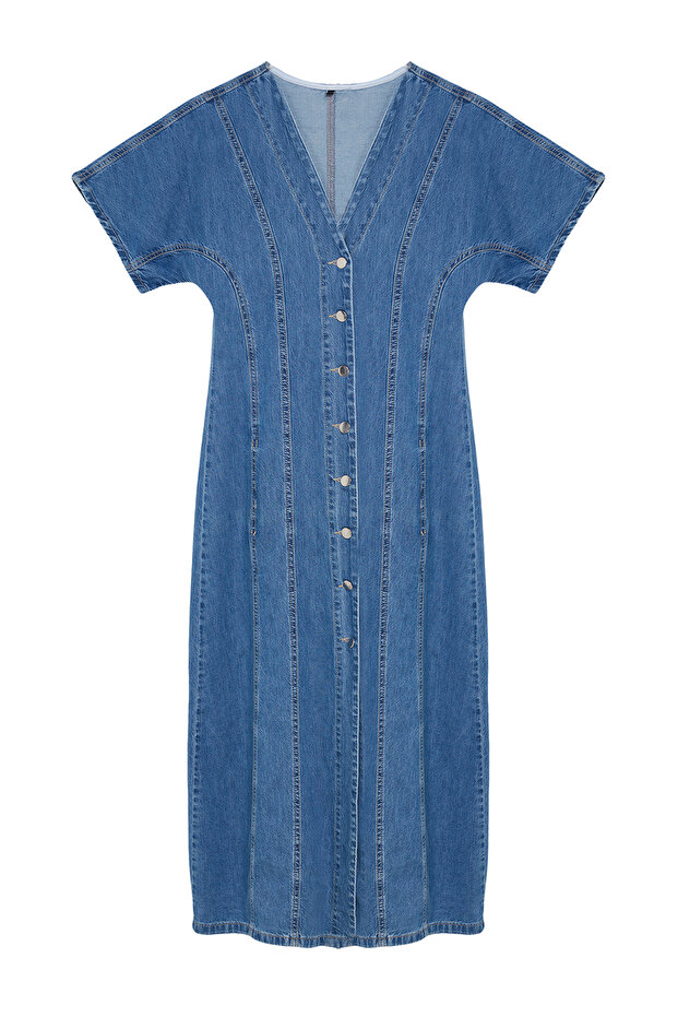 Mavi Dikiş Detaylı V Yaka Maxi Denim Elbise TWOAW25EL00088 - 6