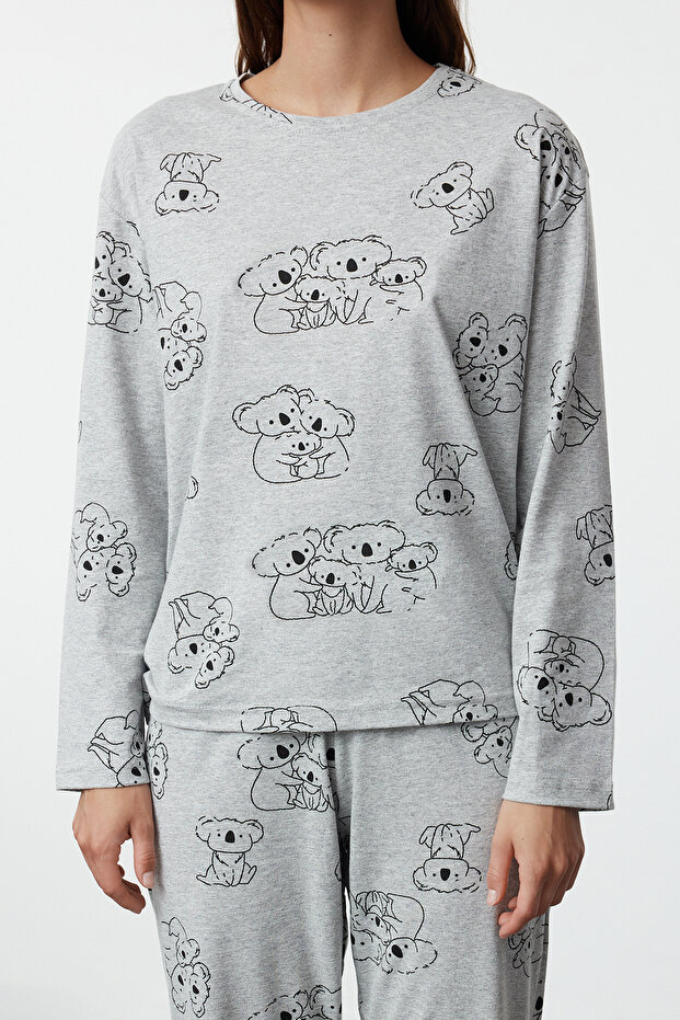 Bawełniana szara melanżowa piżama ze wzorami zwierzęcymi - THMAW25PT00020 - 4