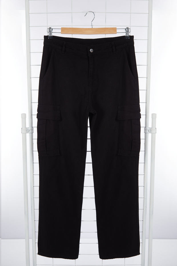 Siyah Kargo Cepli Baggy Kalıp %100 Pamuklu Gabardin Rahat Pantolon TMNSS24PL00021 - 8