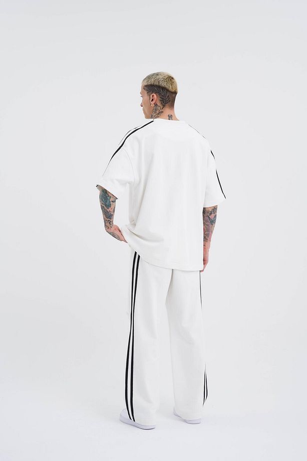 Erkek Striped Sleeves Basic Oversize Ekru Takım - 4