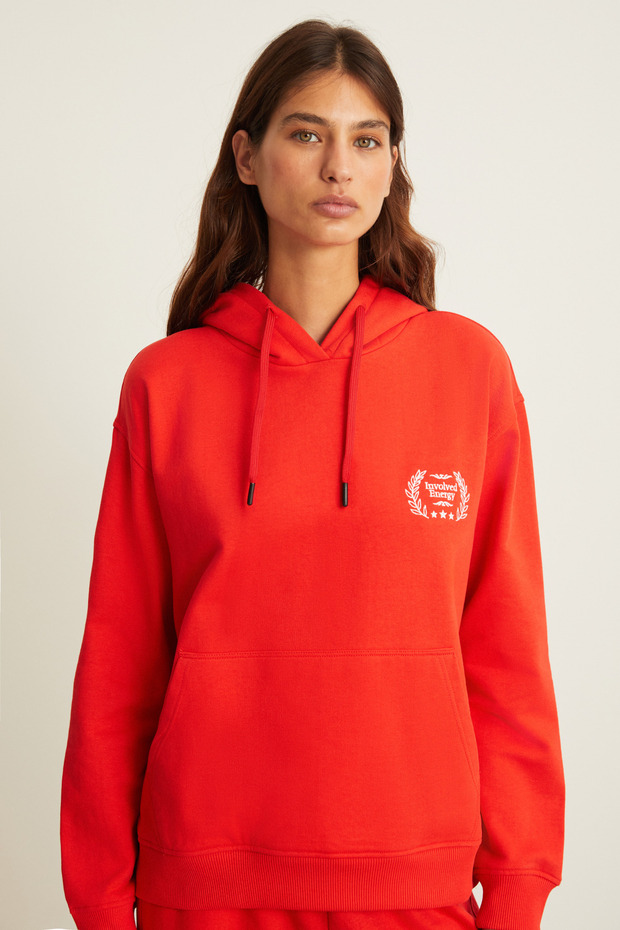 Eludne Women's Embroidered Hooded Kangaroo Pocket 3 Thread Raised Red Sweatshirt