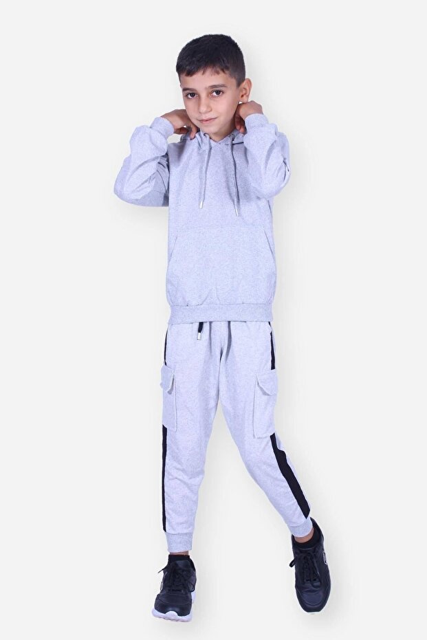 Flat Kangaroo Pocket Hoodie Cargo Pocket Boys Top-Top Set