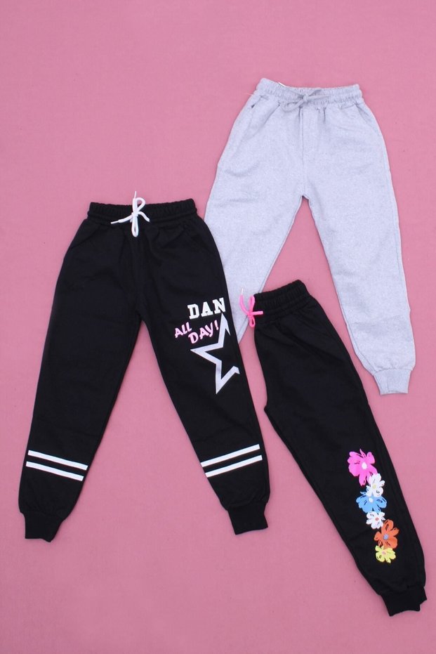 3-Piece Girls' Sweatpants with Text Print and High Waist Detail