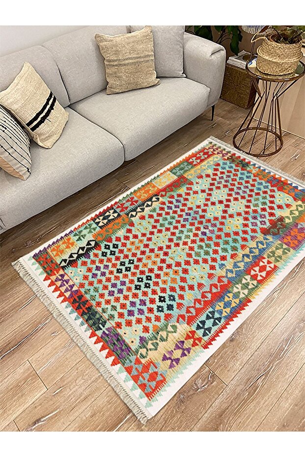 Cotton Series Multy Tones Bordered Antique Patterned Decorative Woven Base Rug