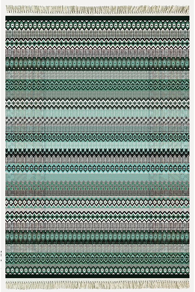 Cotton Rug 21 Green Background Striped Patterned Decorative Washable Woven Base Rug